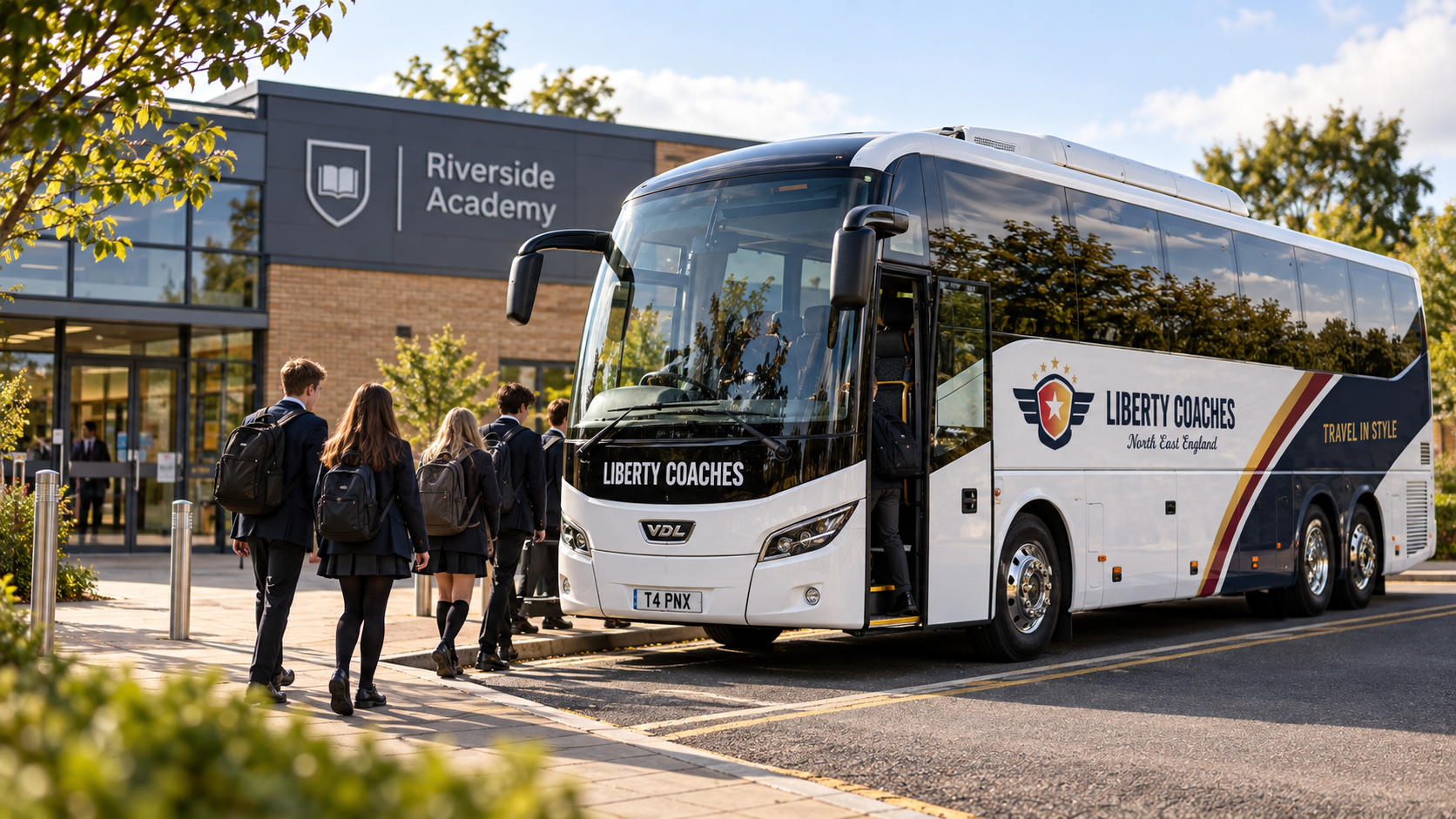Pupils boarding a Liberty Coaches coach outside a school